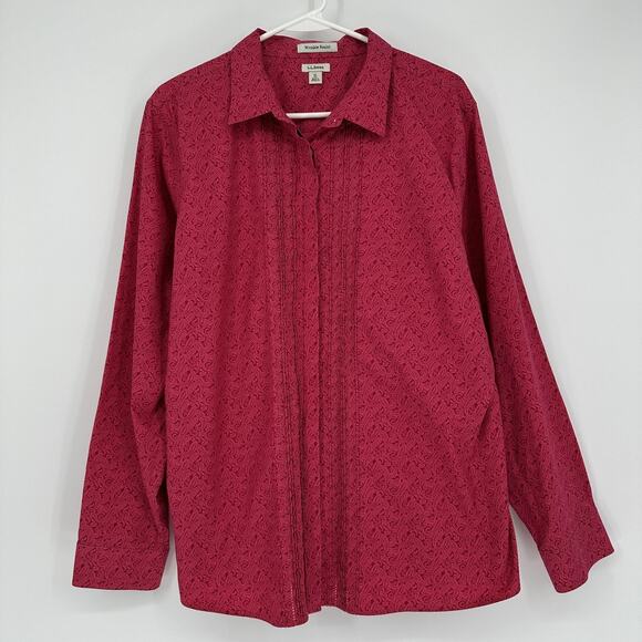 LL Bean Shirt Womens XL Red Paisley Wrinkle Resist Button Front 100% Cotton - Picture 1 of 11